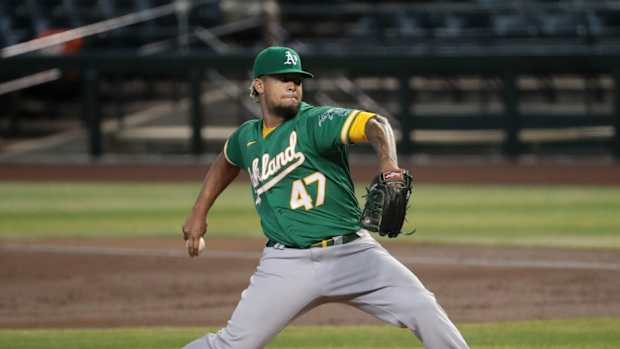 Oakland Athletics starting pitcher Frankie Montas (47) throws a pitch against the Arizona Diamondbacks during the first inning at Chase Field Aug 18, 2020. Athletics Vs Diamondbacks
